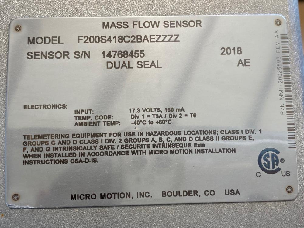 Micro Motion 2" x 1-1/2" 150# 316 Stainless Flow Meter F200S418C2BAEZZZZ (N)